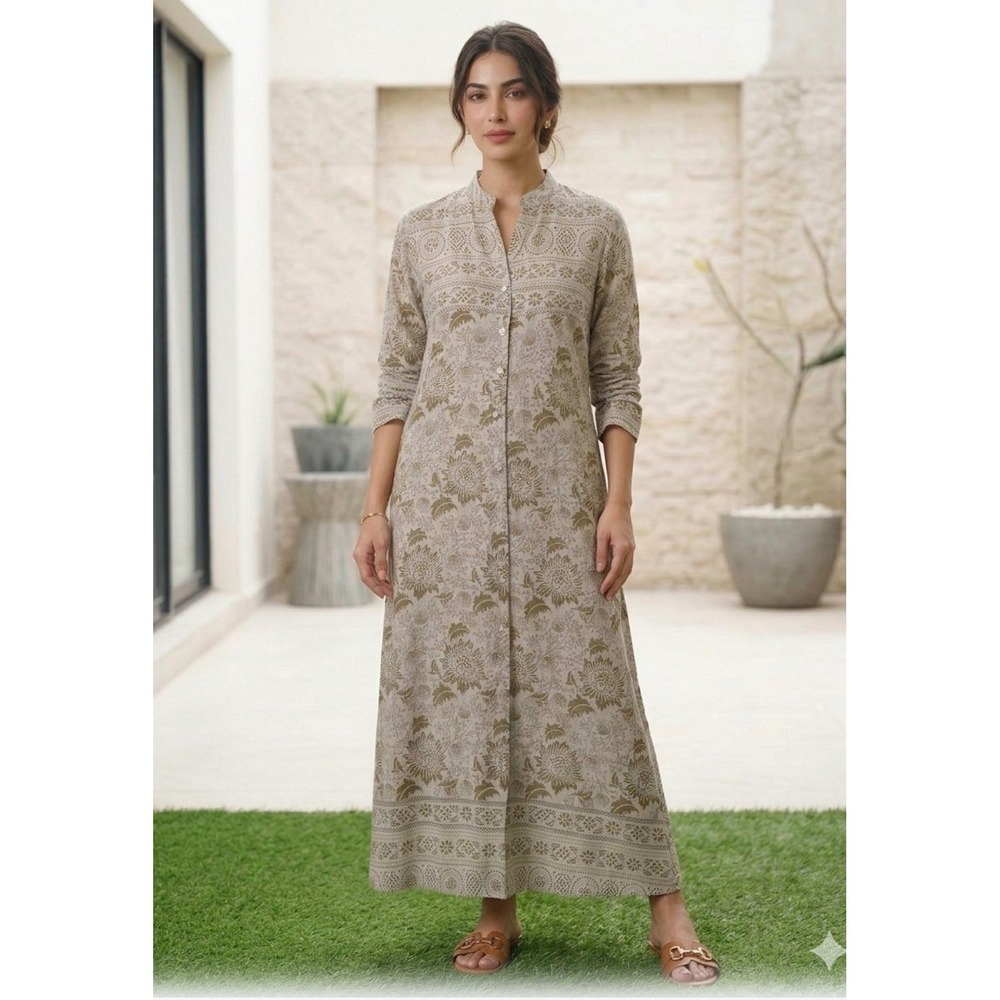 Walker and Wade Floral Button Front Maxi Dress Tan Cream Large NWT